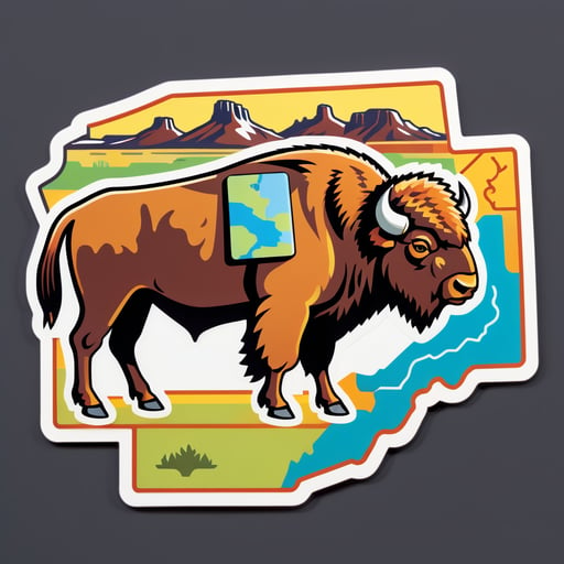 Un bisonte con una silla de montar occidental en su mano izquierda y un mapa de la pradera en su mano derecha sticker