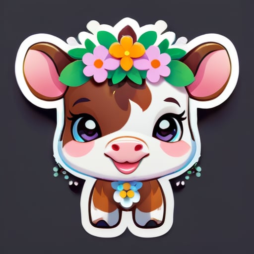 一只可爱的卡通小牛头像，头上戴着花环。 sticker