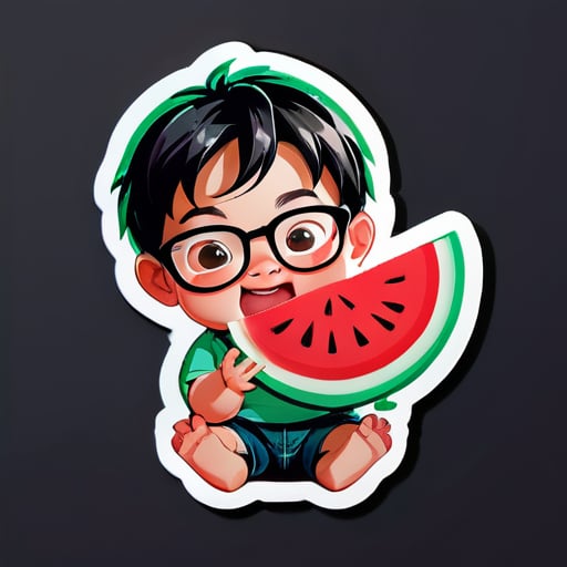 生成一個男嬰的貼紙，他正在吃西瓜，戴著大眼鏡 sticker