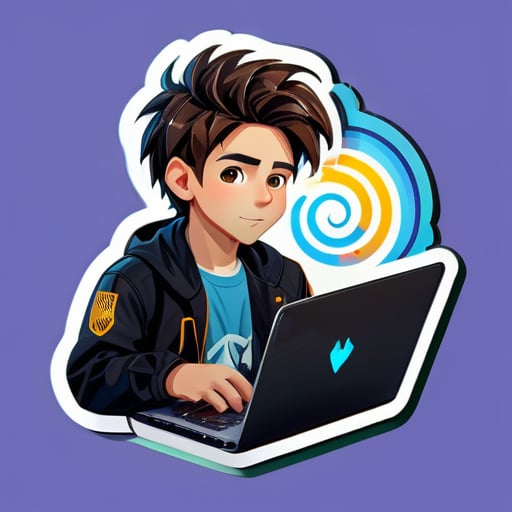 Tạo ra một hình dán của một cậu bé đang làm việc trên laptop của mình, cậu bé có mái tóc giống Messi sticker