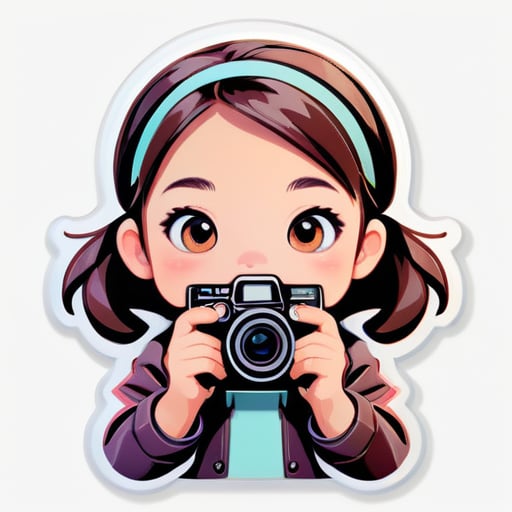 jovem garota segurando uma câmera, Adesivo, Extático, Cor Muda, Desenho Animado, Contorno, Vetor, Fundo Branco, Detalhado sticker