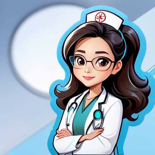 Verwenden Sie ein Cartoon-Bild einer chinesischen Ärztin als Profilbild, die formelle Arztkleidung oder einen weißen Kittel trägt, mit einem leichten Lächeln im Gesicht, welliges langes Haar, ein Stethoskop um den Hals trägt, die Arme vor der Brust verschränkt, eine durchsichtige Brille trägt, der Hintergrund des Bildes ist hellblau. sticker