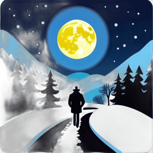 Um homem solitário caminha por uma estrada rural recém-nevada, com uma lua brilhante no céu sticker
