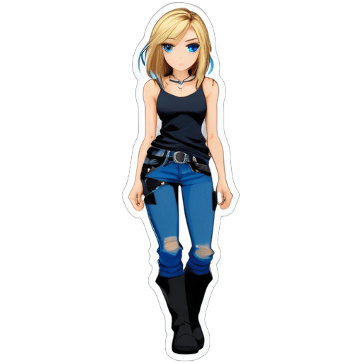 Aya Brea, She has shoulder-length blonde hair. The character's eyes are blue, giving her a sharp and focused gaze. She wears a dark black, sleeveless top with a subtle sheen, suggesting a silky or satin material, and features a series of decorative hooks down the center front. A thin, black cord necklace.Torn blue jeans along with buckled black boots that come just under her knees. The outfit incl sticker