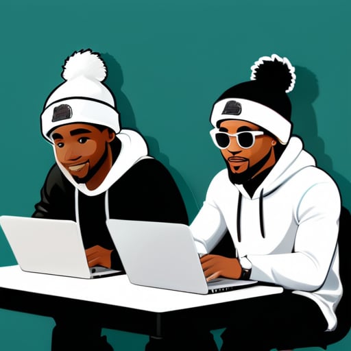 흰색과 검은색 옷을 입은 두 남자가 비니를 쓰고 노트북을 사용하며 테이블에 앉아 일을 하고 있습니다 sticker