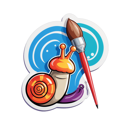 Un escargot avec un pinceau dans sa main gauche et une toile dans sa main droite sticker