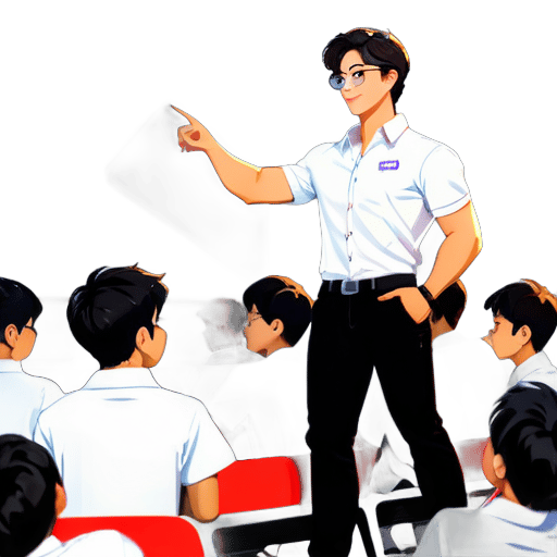 one teacher , one Student  , in auditorium, which as a roof lit pannels white roof , white plastic chairs, fans , a projector  


 The young, handsome teacher is standing confidently on stage, pointing to the screen.

 The auditorium is filled with students, each focused on their laptop placed on their lap, coding, 

The students are dressed neatly in white shirts and black jeans, sitting on white sticker