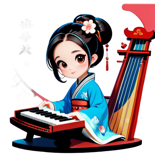 Girl Character Design: She should be a cute, young girl with big eyes and soft facial features. Wearing traditional Hanfu or a modernized version, incorporating elements of Chinese traditional clothing while adding modern designs like trendy details or accessories. Long hair down or styled in a classical hair bun, adorned with hairpins or accessories. Guzheng: The guzheng should be a prominently visible instrument, depicting the girl playing it attentively. The guzheng's design should follow traditional Chinese styles but can include modern elements like more colors or decorations. Background Design: The background can be simple lines or feature Chinese-style patterns like clouds, landscapes, or ancient architecture.  Color Palette: Primarily soft tones such as light pink, light blue, etc. Incorporate traditional Chinese colors like red into the palette. sticker