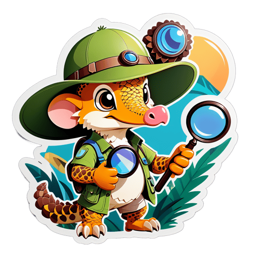 A pangolin with an explorer hat in its left hand and a magnifying glass in its right hand sticker