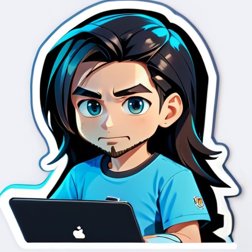 Gerador de um adesivo de um menino trabalhando em seu laptop, o menino tem cabelos longos como Messi e uma barba irregular, ele está vestindo uma camiseta azul maia de manga comprida e jeans preto carbono. sticker