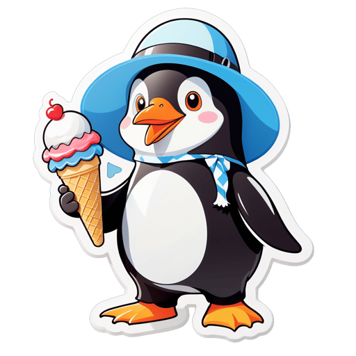 Un pingüino con un cucurucho de helado en su mano izquierda y un sombrero de sol en su mano derecha sticker