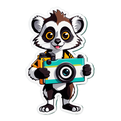 Un lémur con una cámara en su mano izquierda y una guía de viaje en su mano derecha sticker