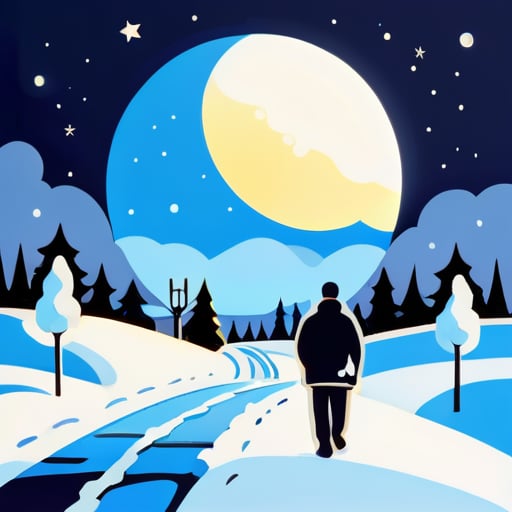 Một người đàn ông cô đơn đang đi trên con đường quê vừa tuyết rơi, trên trời treo một vầng trăng sáng sticker