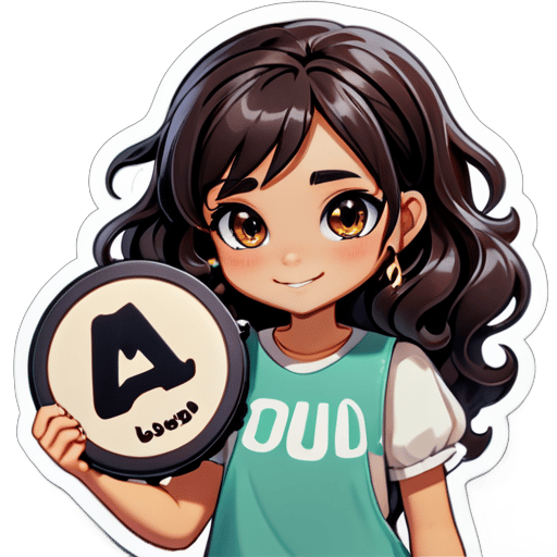 Create a girl with dark, wavy hair. holding a tambourine. Below the mascot, have the letters 'KEYLA'. sticker