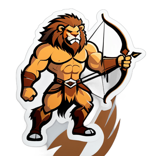 Um caçador musculoso com cabelos semelhantes aos de um leão macho, carregando um arco e flecha. sticker