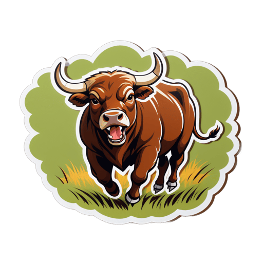 Toro marrón cargando en un campo sticker