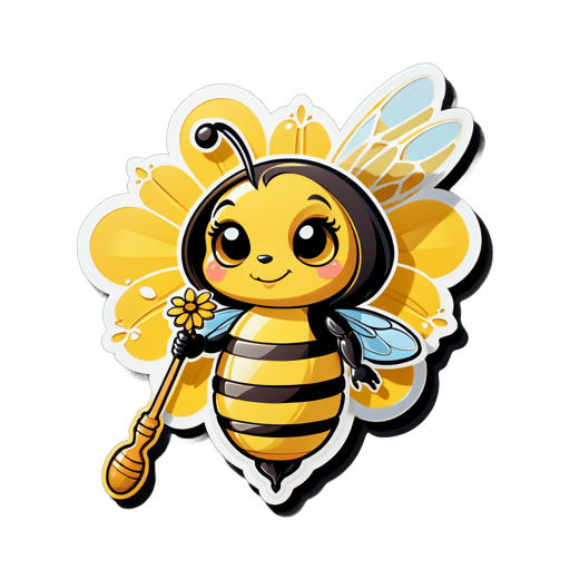 Une abeille avec une fleur dans sa main gauche et une cuillère à miel dans sa main droite sticker
