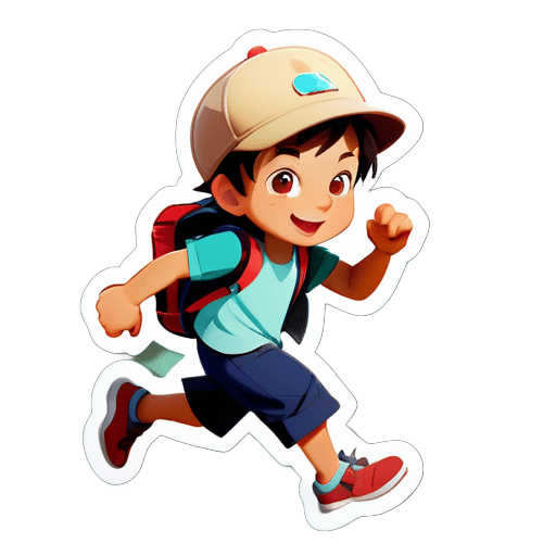 Một cậu bé nhỏ, đội mũ, mặc bộ đồ du lịch, sẵn sàng bắt đầu hành trình, hành động chạy nước rút, chân thực sticker