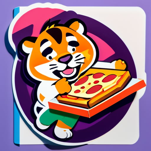 faça uma postagem de um tigre comendo pizza e a caixa de pizza está na frente do tigre sticker