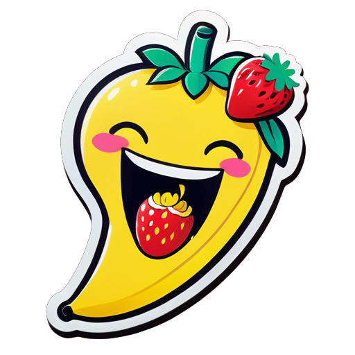 バナナが笑っている絵を描きながら、同時にバナナがイチゴを食べ、イチゴを少し口の中に入れる sticker
