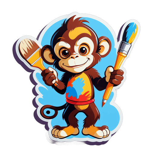 Un mono con un pincel en su mano izquierda y una paleta en su mano derecha sticker