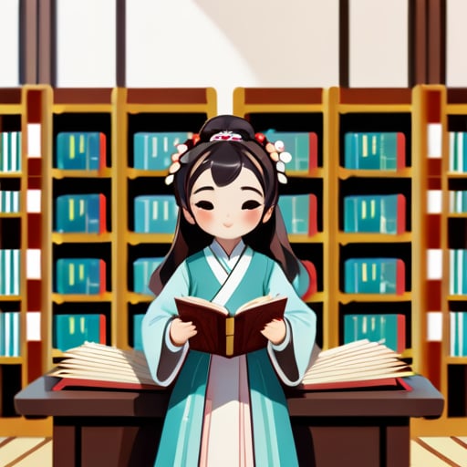一個年輕的女孩子，穿著漢服，在背景為有成排書櫃的書房裡彈奏古箏，書櫃背景的書自然顏色。 sticker