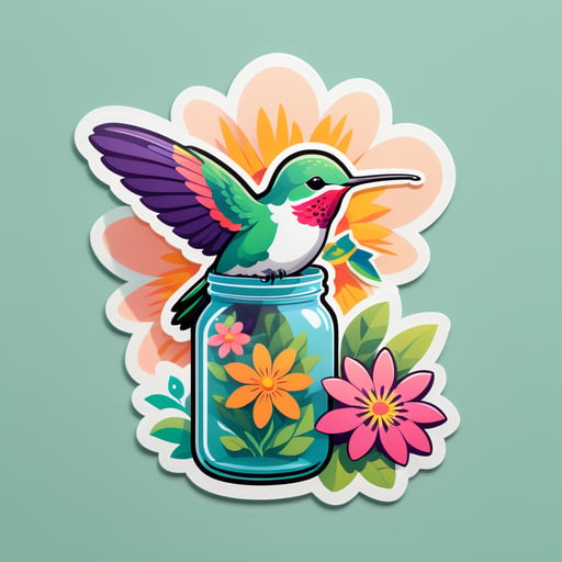 Un colibrí con una flor en su mano izquierda y un frasco de néctar en su mano derecha sticker