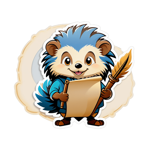 A hedgehog with a quill pen in its left hand and a parchment scroll in its right hand sticker