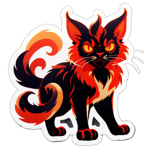 a cat-Aries is depicted in red tones, with fiery eyes and fur resembling flames. It stands on its hind legs, ready for battle, and looks very confident. It also has small horns on its head." sticker