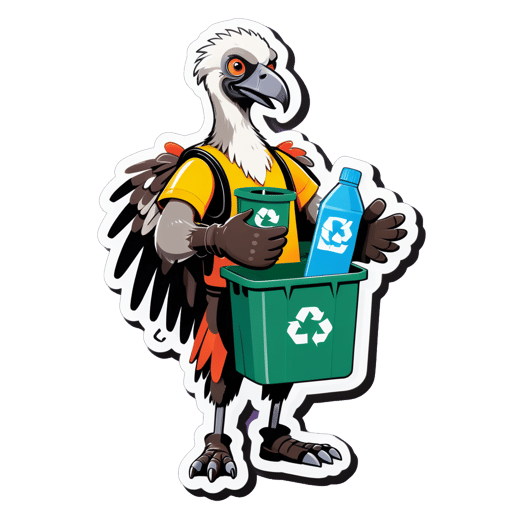 왼손에 재활용통을 든 독수리가 오른손에 청소 장갑을 착용하고 있습니다 sticker