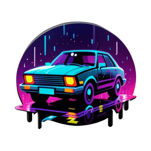 một chiếc xe trong mưa vào ban đêm với ánh sáng kiểu cyberpunk sticker