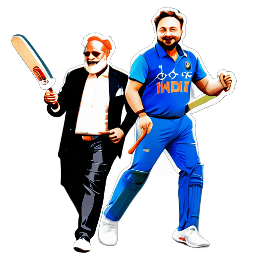 Elon Musk jogando críquete com King Kohli e Modi Ji sticker