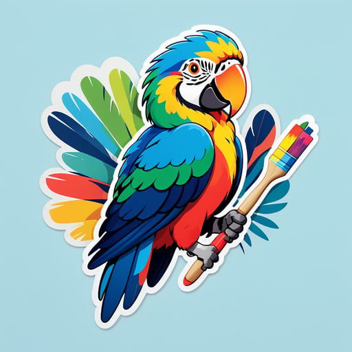 一隻金剛鸚鵡，左手拿著畫筆，右手拿著調色板 sticker