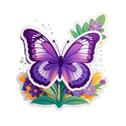 Purple Butterfly Resting on Flowers sticker