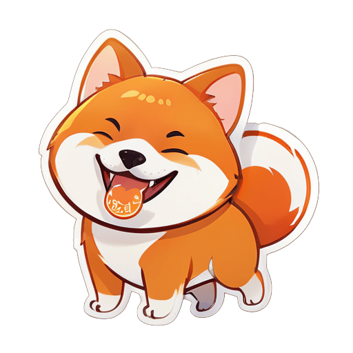 一隻可愛的卡通風格的橘紅色柴犬，微笑，吐舌頭，身上有內容為 ”十七“ 的中文花紋 sticker