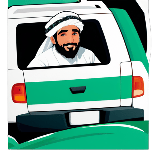 전통 의상을 입은 사우디 남성이 흰색 토요타 FJ 크루저를 운전하고 있습니다. sticker