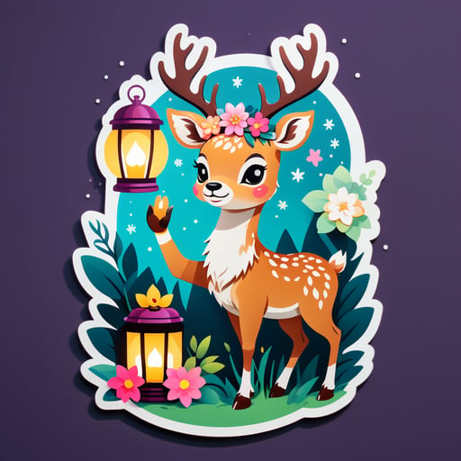 Un cerf avec une couronne de fleurs dans sa main gauche et une lanterne dans sa main droite sticker
