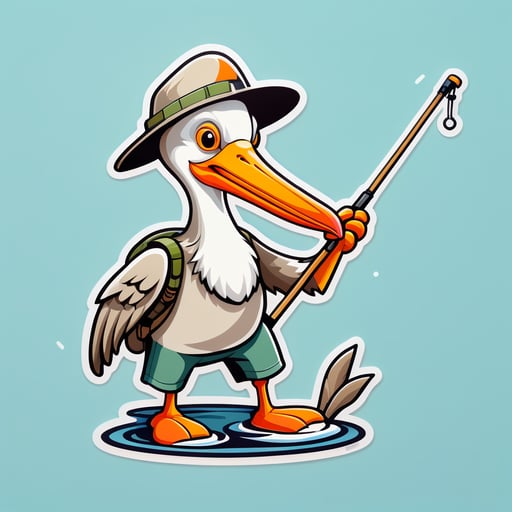 A pelican with a fisherman hat in its left hand and a fishing rod in its right hand sticker
