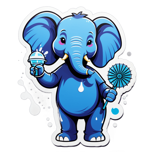 An elephant with a water spray bottle in its left hand and a fan in its right hand sticker