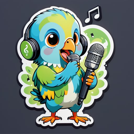A parakeet with a music note in its left hand and a microphone in its right hand sticker