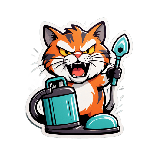 화난 고양이 대 청소기: 솟은 털, 납작해진 귀, 청소기에게 쉬는 소리를 내며. sticker