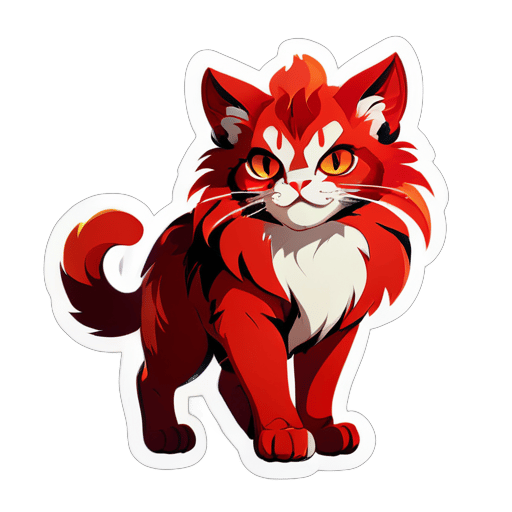 a cat-Aries is depicted in red tones, with fiery eyes and fur resembling flames. It stands on its hind legs, ready for battle, and looks very confident. sticker