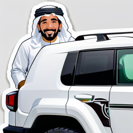 Un hombre saudí con ropa tradicional conduciendo un coche blanco fj cruiser sticker