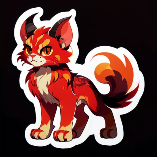 Katze-Widder wird in roten Tönen dargestellt, mit feurigen Augen und Fell, das Flammen ähnelt. Sie steht auf ihren Hinterbeinen, bereit für den Kampf, und wirkt sehr selbstbewusst. Außerdem hat sie große Hörner auf dem Kopf. sticker