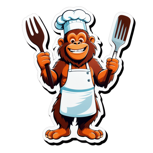 An orangutan with a chef apron in its left hand and a cooking spatula in its right hand sticker
