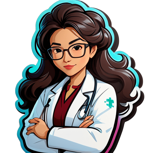 Asian female doctor with big wavy hair, no hat, wearing glasses, white coat, arms crossed in front, cartoon character sticker