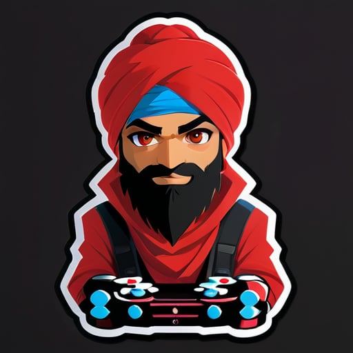 Sikh garçon ninja turban rouge de 25 ans avec une barbe noire soignée et des yeux noirs ressemblant à un ninja gamer sticker