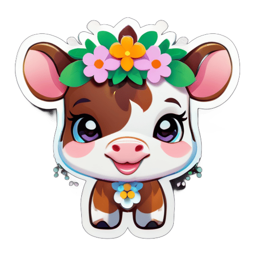 一只可爱的卡通小牛头像，头上戴着花环。 sticker