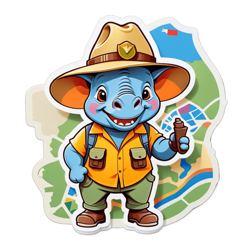 Un rinoceronte con un sombrero de safari en su mano izquierda y un mapa en su mano derecha sticker
