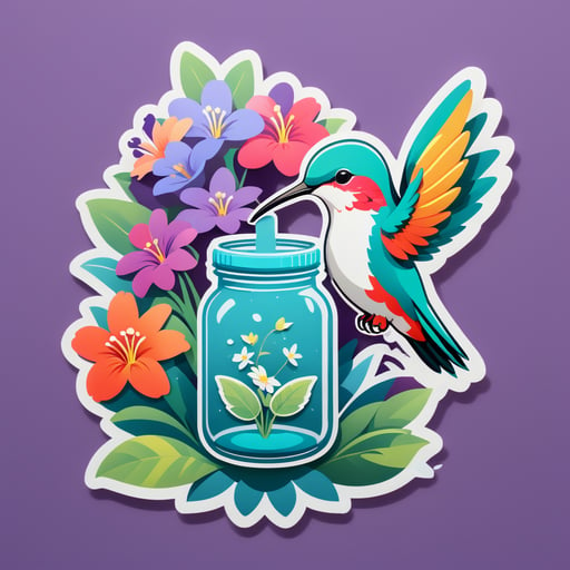 A hummingbird with a flower in its left hand and a nectar jar in its right hand sticker